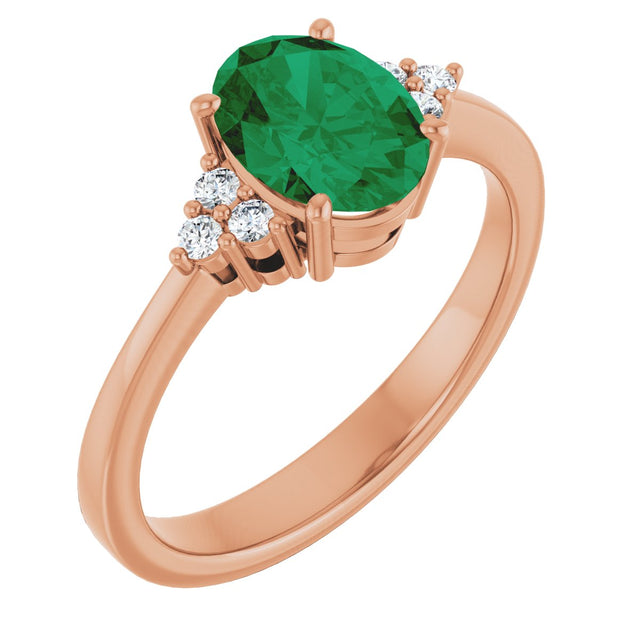 14K Gold Oval Lab-Grown Emerald & Lab-Grown Diamond Accented Ring – 6-8mm Stones - Rose Gold