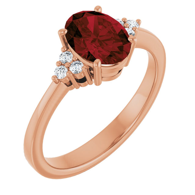 14K Gold Oval Natural Mozambique Garnet & Lab-Grown Diamond Accented Ring – 6x4mm - Rose Gold