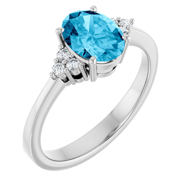 14K Gold Emerald Natural Aquqmarine and Lab-Grown Diamond Accented Ring - White Gold