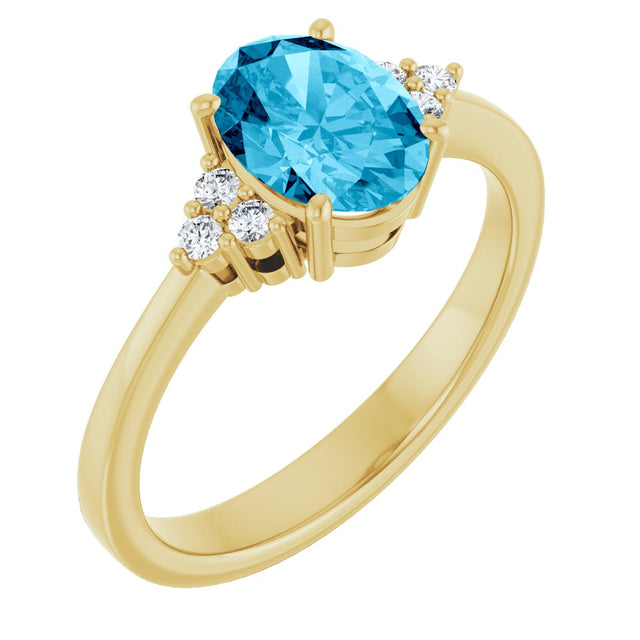 14K Gold Emerald Natural Aquqmarine and Lab-Grown Diamond Accented Ring - Yellow Gold