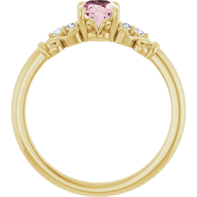 14K Gold Oval Natural Pink Morganite & Natural Diamond Accented Sculptural Ring - Yellow Gold - view 2