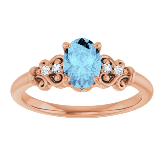 14K Gold Oval Natural Aquamarine & Natural Diamond Accented Sculptural Ring - Rose Gold - view 3