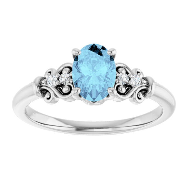 14K Gold Oval Natural Aquamarine & Natural Diamond Accented Sculptural Ring - White Gold - view 3