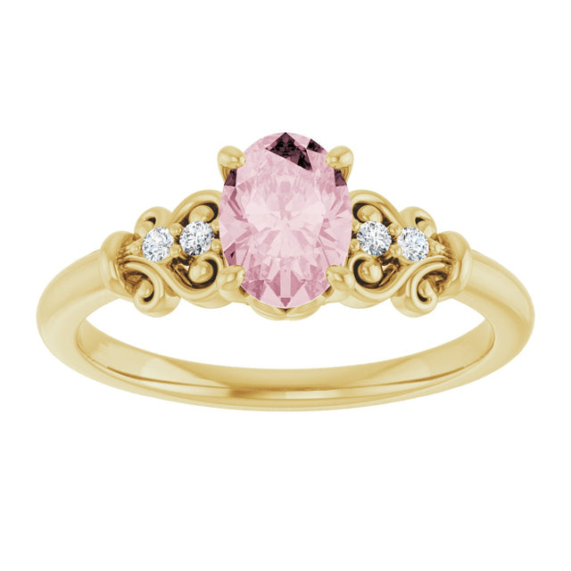 14K Gold Oval Natural Pink Morganite & Natural Diamond Accented Sculptural Ring - Yellow Gold - view 3