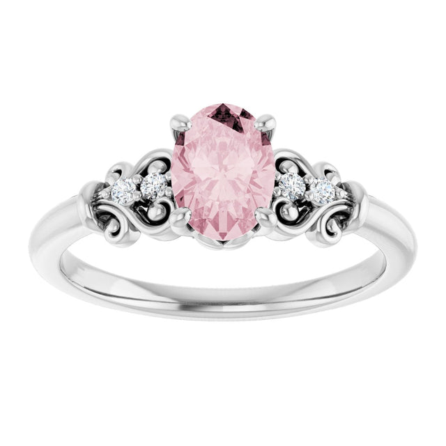 14K Gold Oval Natural Pink Morganite & Natural Diamond Accented Sculptural Ring - White Gold - view 3