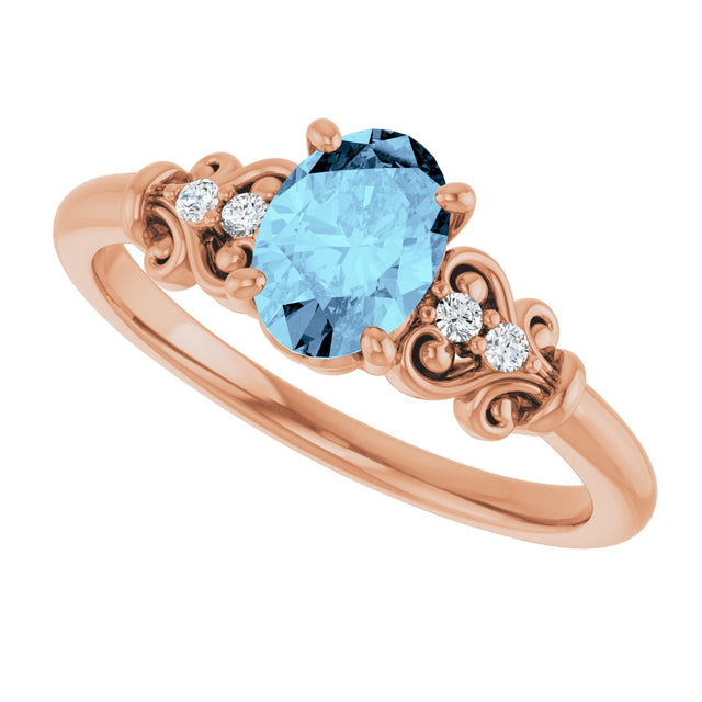 14K Gold Oval Natural Aquamarine & Natural Diamond Accented Sculptural Ring - Rose Gold - view 5