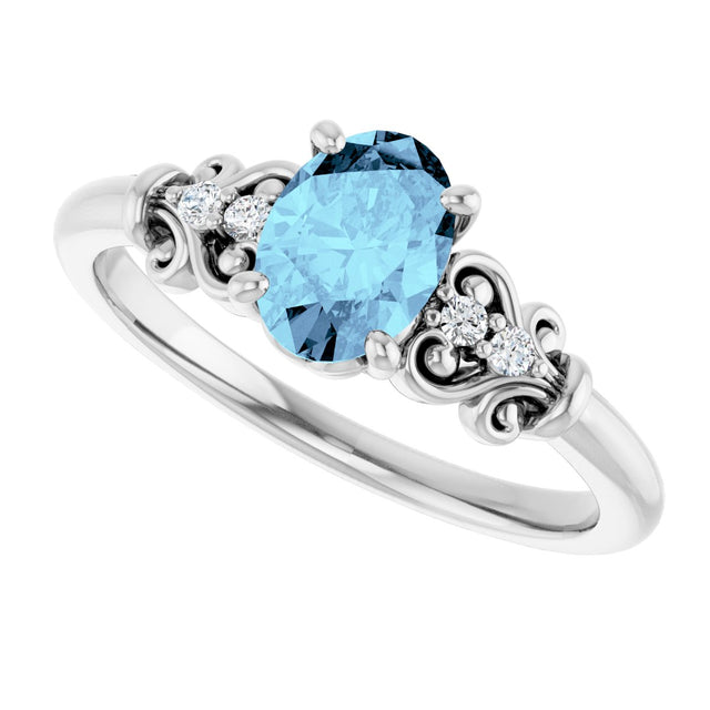 14K Gold Oval Natural Aquamarine & Natural Diamond Accented Sculptural Ring - White Gold - view 5