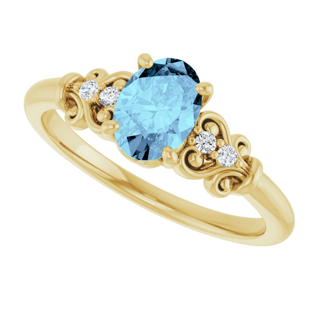 14K Gold Oval Natural Aquamarine & Natural Diamond Accented Sculptural Ring - Yellow Gold - view 5