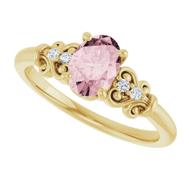 14K Gold Oval Natural Pink Morganite & Natural Diamond Accented Sculptural Ring - Yellow Gold - view 5