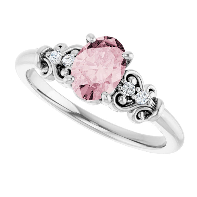 14K Gold Oval Natural Pink Morganite & Natural Diamond Accented Sculptural Ring - White Gold - view 5