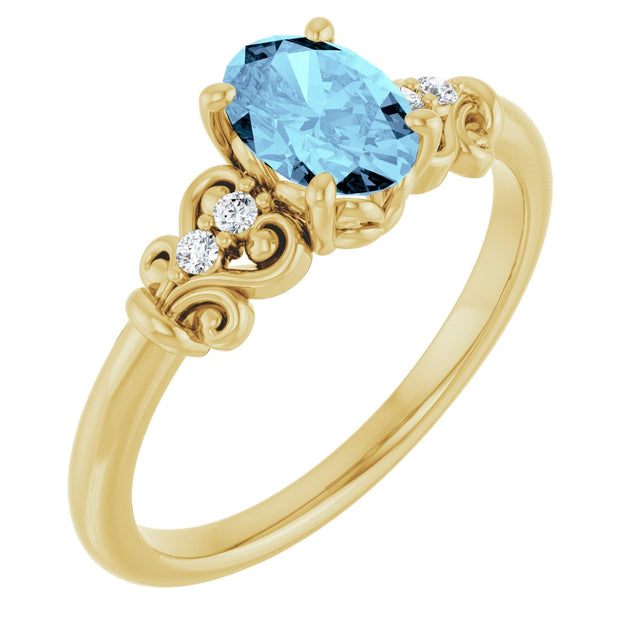 14K Gold Oval Natural Aquamarine & Natural Diamond Accented Sculptural Ring - Yellow Gold