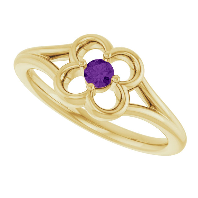 14K Gold Round Natural Amethyst Youth Flower Ring - Yellow Gold - view 10