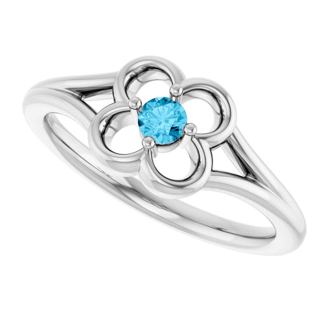 14K Gold Round Natural Aquamarine Youth Flower Ring - White Gold - view 10