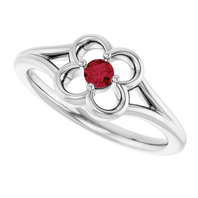 14K Gold Round Natural Ruby Youth Flower Ring - White Gold - view 10