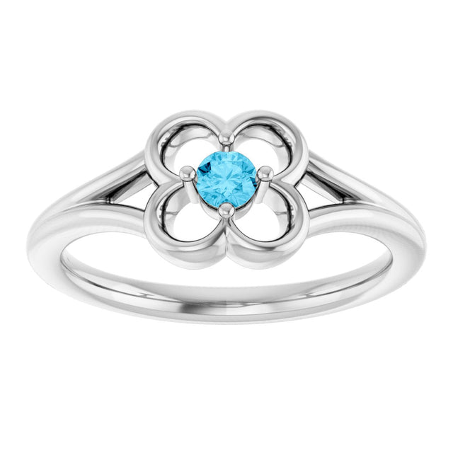 14K Gold Round Natural Aquamarine Youth Flower Ring - White Gold - view 8