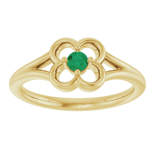 14K Gold Round Natural Emerald Youth Flower Ring - Yellow Gold - view 8