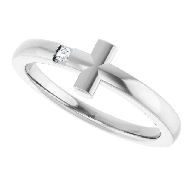 14K Gold Round Natural White Sapphire Youth Sideways Cross Ring - White Gold - view 8