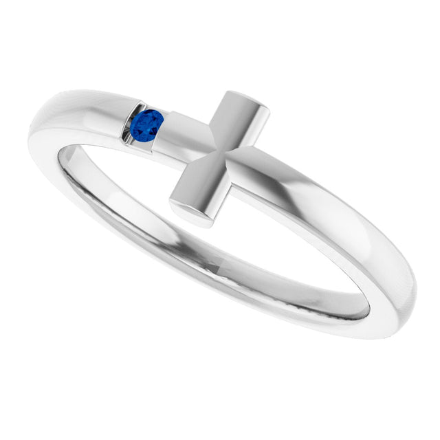 14K Gold Round Natural Blue Sapphire Youth Sideways Cross Ring - White Gold - view 8