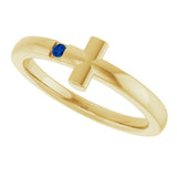 14K Gold Round Natural Blue Sapphire Youth Sideways Cross Ring - Yellow Gold - view 10