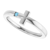 14K Gold Round Natural Aquamarine Youth Sideways Cross Ring - White Gold - view 8