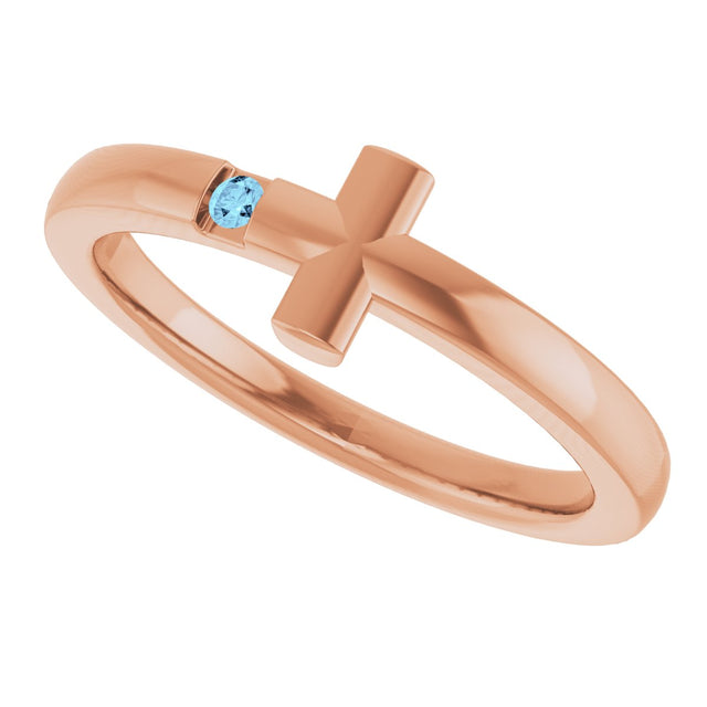 14K Gold Round Natural Aquamarine Youth Sideways Cross Ring - Rose Gold - view 10