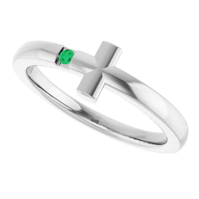14K Gold Round Natural Emerald Youth Sideways Cross Ring - White Gold - view 8