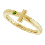 14K Gold Round Natural Peridot Youth Sideways Cross Ring - Yellow Gold - view 10
