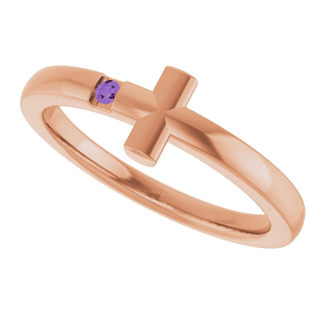 14K Gold Round Natural Amethyst Youth Sideways Cross Ring - Rose Gold - view 10