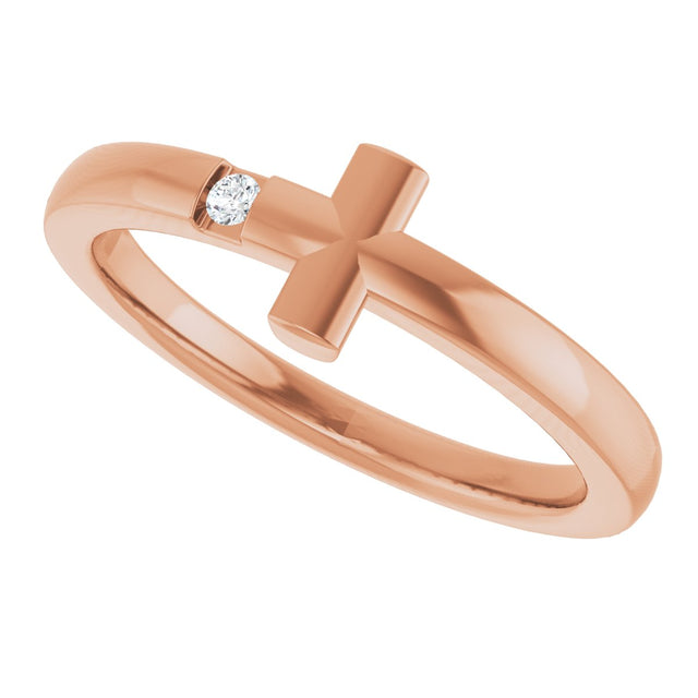 14K Gold Round Natural White Sapphire Youth Sideways Cross Ring - Rose Gold - view 10