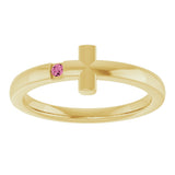 14K Gold Round Natural Pink Tourmaline Youth Sideways Cross Ring - Yellow Gold - view 8