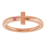 14K Gold Round Natural Pink Tourmaline Youth Sideways Cross Ring - Rose Gold - view 7