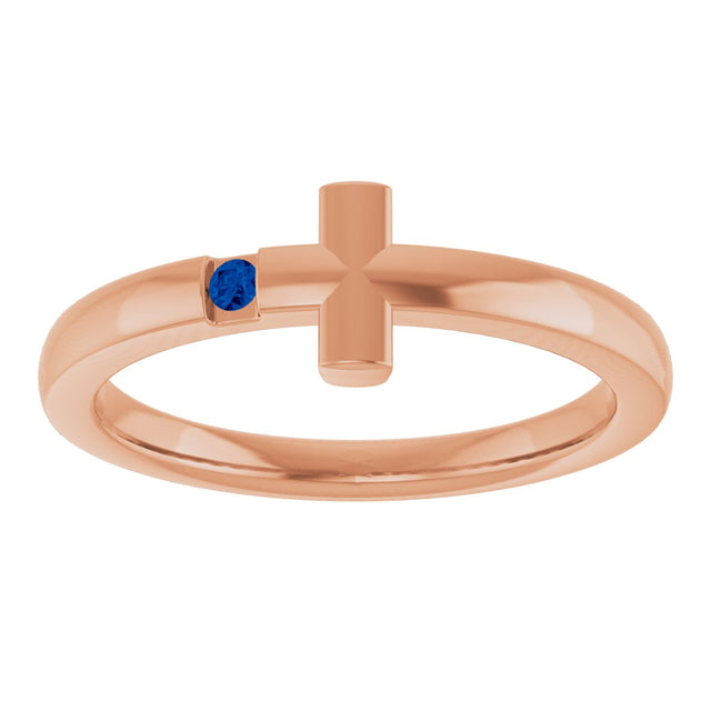 14K Gold Round Natural Blue Sapphire Youth Sideways Cross Ring - Rose Gold - view 8