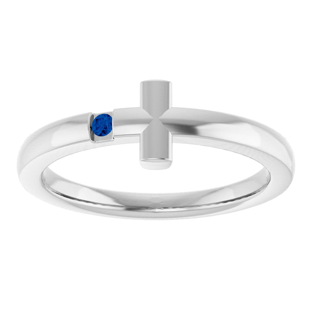 14K Gold Round Natural Blue Sapphire Youth Sideways Cross Ring - White Gold - view 7