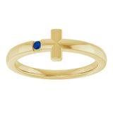 14K Gold Round Natural Blue Sapphire Youth Sideways Cross Ring - Yellow Gold - view 8