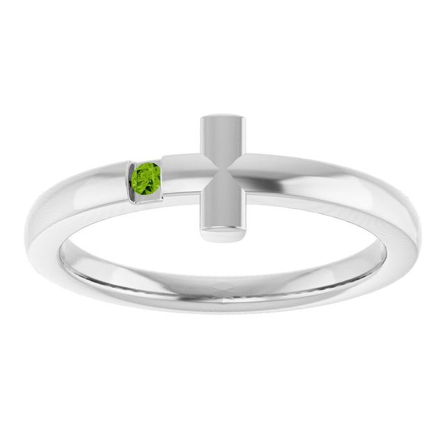 14K Gold Round Natural Peridot Youth Sideways Cross Ring - White Gold - view 7
