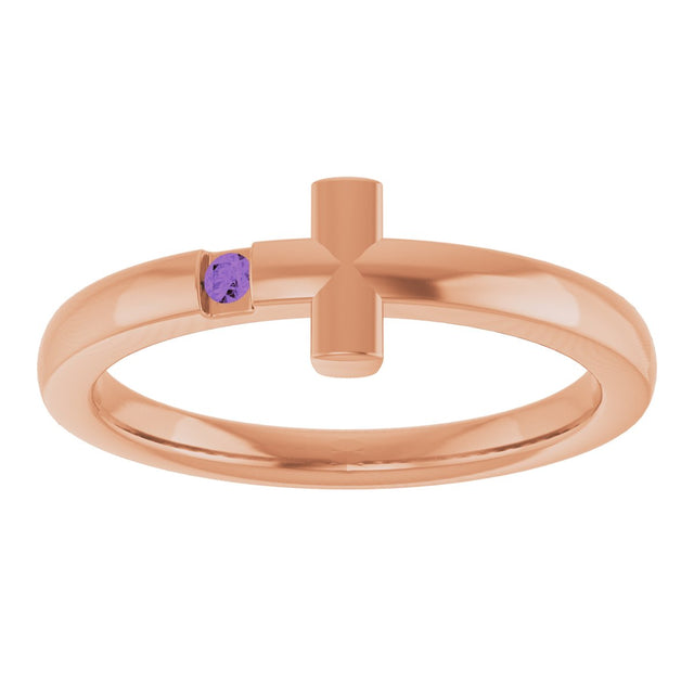 14K Gold Round Natural Amethyst Youth Sideways Cross Ring - Rose Gold - view 8