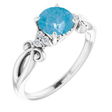 14K Gold Round Natural Swiss Blue Topaz & Natural Diamond Accented Sculptural Ring - White Gold