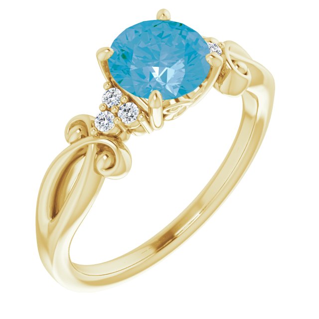 14K Gold Round Natural Swiss Blue Topaz & Natural Diamond Accented Sculptural Ring - Yellow Gold