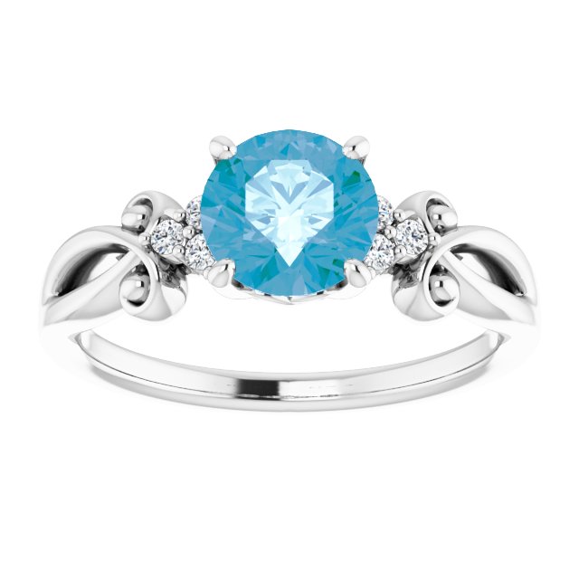 14K Gold Round Natural Swiss Blue Topaz & Natural Diamond Accented Sculptural Ring - White Gold - view 3