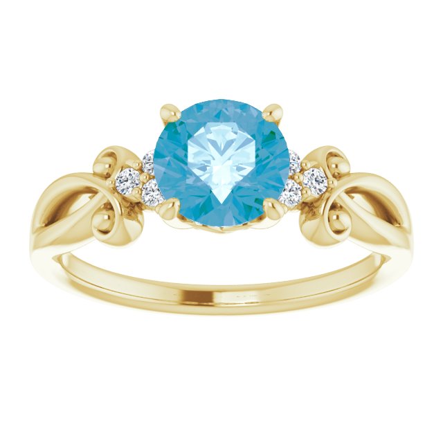14K Gold Round Natural Swiss Blue Topaz & Natural Diamond Accented Sculptural Ring - Yellow Gold - view 3