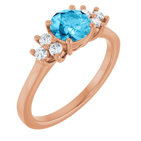 14K Gold Oval Natural Aquamarine & Lab-Grown Diamond Accented Ring - Rose Gold