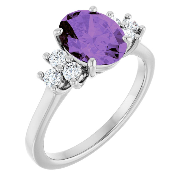 14K Gold Oval Natural Amethyst & Natural Diamond Accented Ring – 9x7mm - White Gold