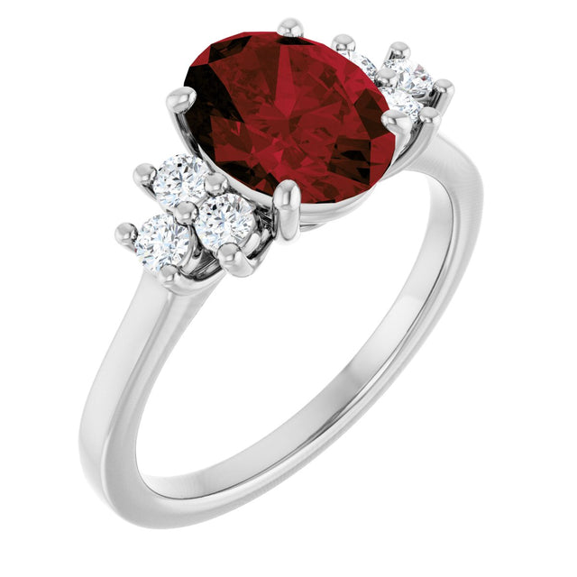 14K Gold Oval Natural Mozambique Garnet & Natural Diamond Accented Ring – 9x7mm - White Gold