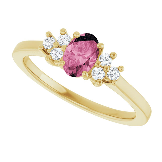 14K Gold Oval Natural Pink Tourmaline & Natural Diamond Accented Ring – 6mm Stones - Yellow Gold - view 5
