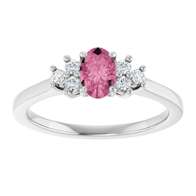 14K Gold Oval Natural Pink Tourmaline & Natural Diamond Accented Ring – 6mm Stones - White Gold - view 3