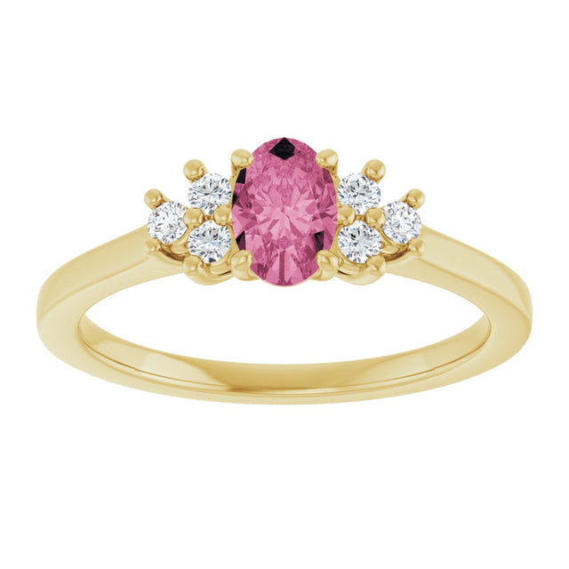 14K Gold Oval Natural Pink Tourmaline & Natural Diamond Accented Ring – 6mm Stones - Yellow Gold - view 3