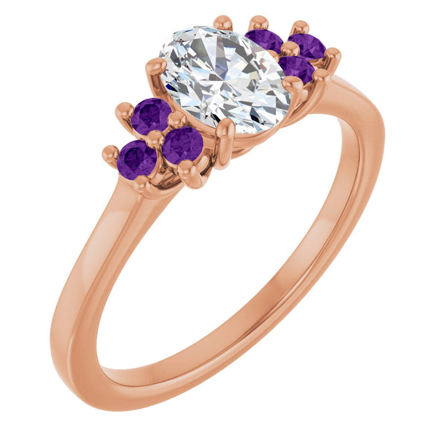 14K Gold Oval Natural Amethyst & Lab-Grown Diamond Accented Ring - Rose Gold