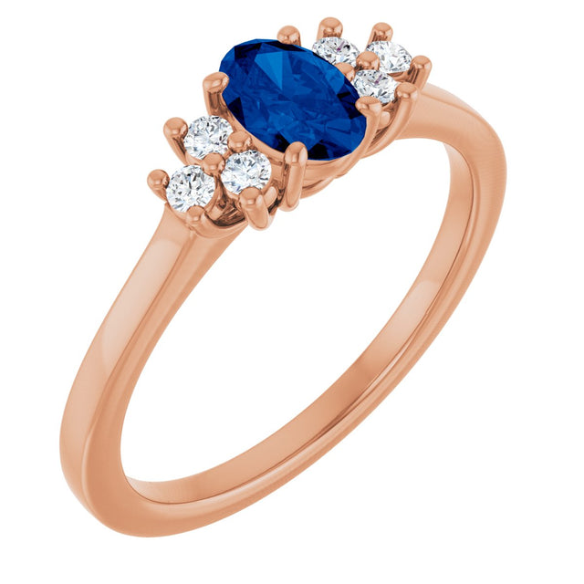 14K Gold Oval Lab-Grown Blue Sapphire & Lab-Grown Diamond Accented Ring – 6x4mm - Rose Gold