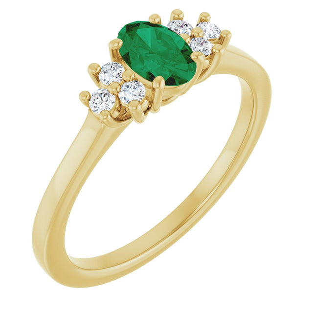 14K Gold Oval Lab-Grown Emerald & Lab-Grown Diamond Accented Ring – 6x4mm - Yellow Gold