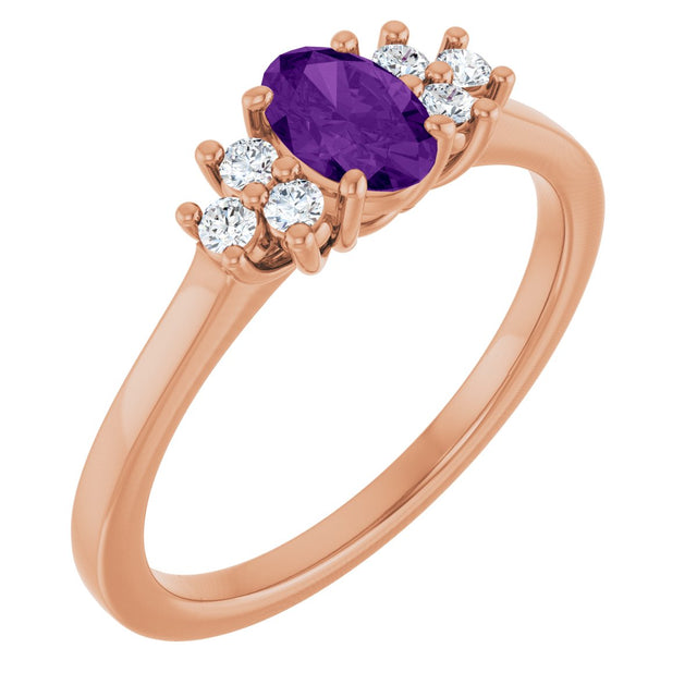 14K Gold Oval Natural Amethyst & Lab-Grown Diamond Accented Ring - Rose Gold